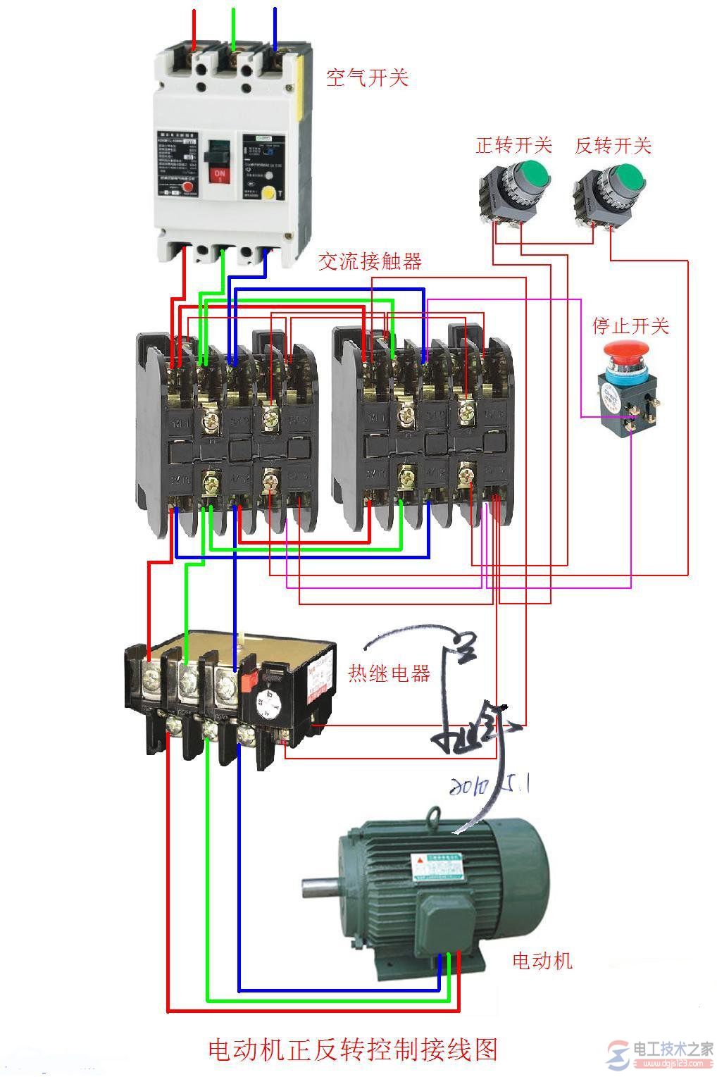 三相电动机正反转接触器互锁实物接线图